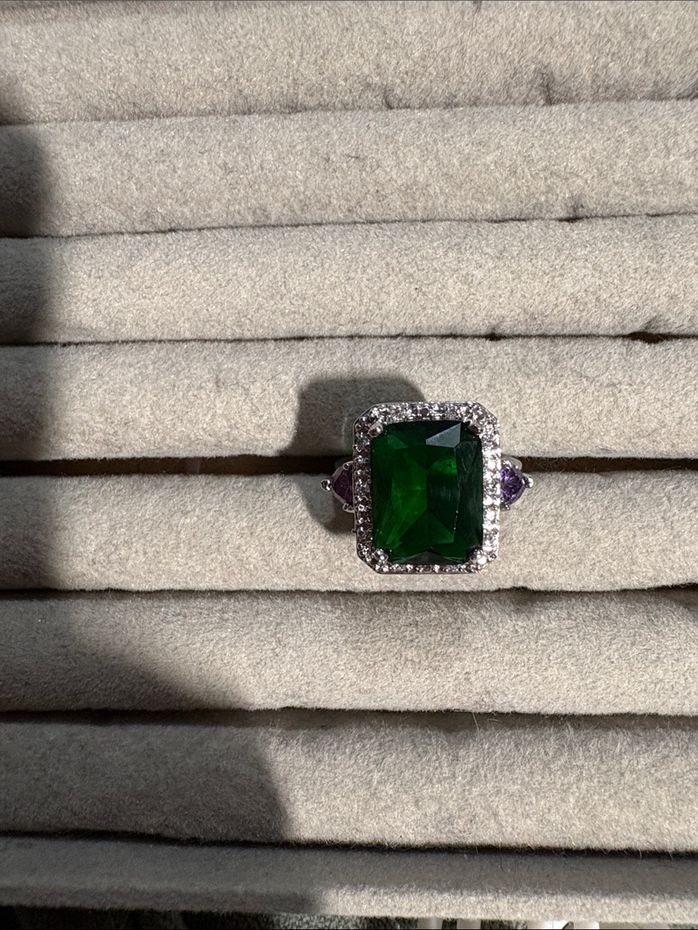 Emerald-Center Halo Cocktail Ring - Green Stone with Purple Accents